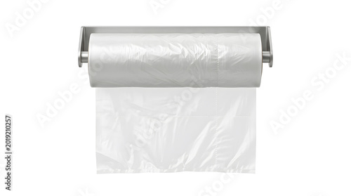Plastic supermarket produce bag roll hanging on a wall-mounted stainless steel dispenser for fresh fruits and vegetables on a white background