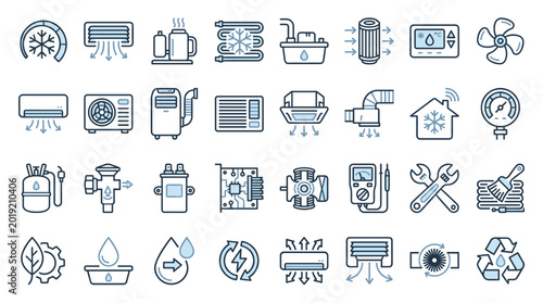Air conditioning and cooling system icons in flat design style  