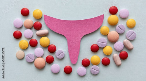 Paper cut uterus shape surrounded by colorful pills and tablets for reproductive health background and medical awareness banner design