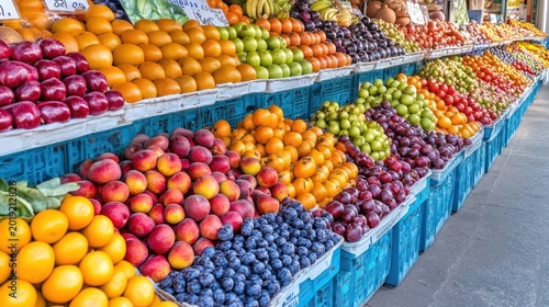 Vibrant outdoor fruit stand displays apples, oranges, grapes, and berries in blue crates