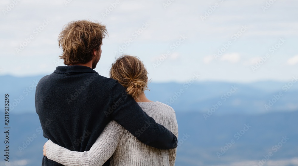 Fototapeta premium Couple embracing while overlooking mountain landscape view