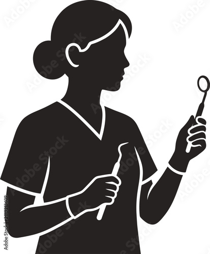 Tableau sur toile Dentist holding dental mirror and sickle scaler on white background