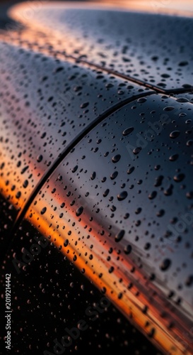 Rainy car window, wet glass surface, sunset reflection, water droplets