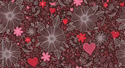 Valentine's Day seamless pattern, romantic floral background, red pink heart flowers, love texture