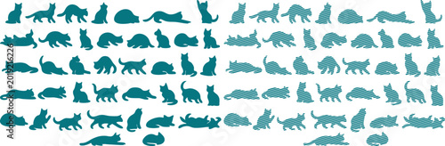 Bilde på lerret Teal cat silhouettes on white background, multiple rows of feline figures