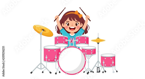 Cartoon girl playing pink drum set, colorful kid musician, fun music icon, vector illustration