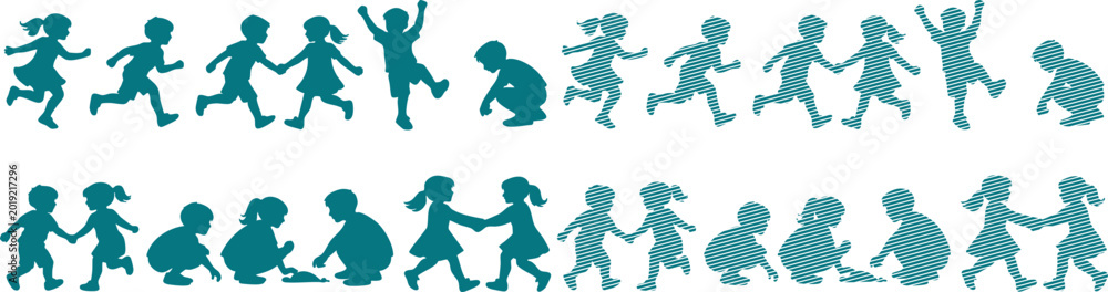 Obraz premium Teal silhouettes of children playing, running, and interacting