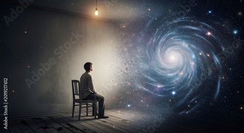 Man sitting in a chair gazing at a swirling galaxy in a room