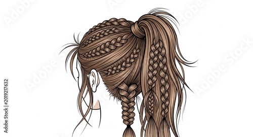 Fotografie Detailed illustration of a womans long brown hair styled in intricate braids