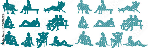 Obraz na płótnie Teal silhouettes of people relaxing on chairs and lounging