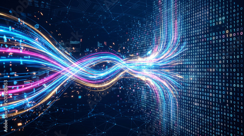 Glowing neon light waves connecting into a digital binary code data matrix wall