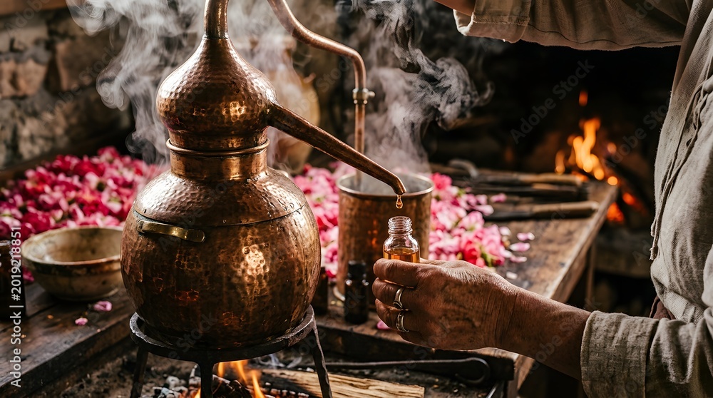 Fototapeta premium Traditional rose water distillation in a copper alembic with steam.