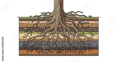 Vászonkép Detailed Illustration of Tree Roots Growing Deep into Soil Layers