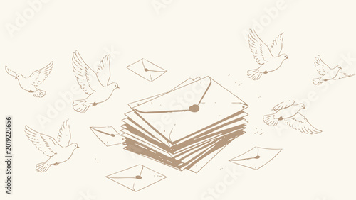 Whimsical Hand-Drawn Illustration of White Homing Carrier Pigeons Flying Around a Tall Stack of Wax-Sealed Vintage Parchment Envelopes