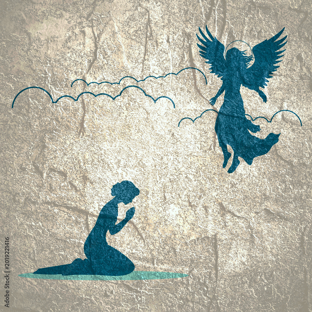 Fototapeta premium Fantasy woman angel soars in the air with huge bird wings. Girl in levitation flies. Lady goddess in dress, fabric waving fluttering in motion. Goddess girl descends from the sky to praying woman