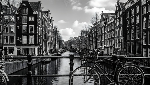 Black and White Amsterdam Canal with Bicycle and Historic Buildings.