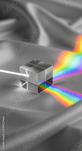 Prism, rainbow light refraction, optical cube, colorful spectrum
