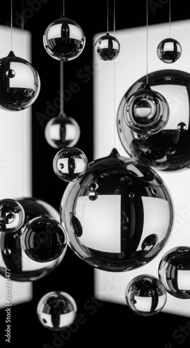 Sleek metal spheres, reflective orbs, hanging lights, modern decor