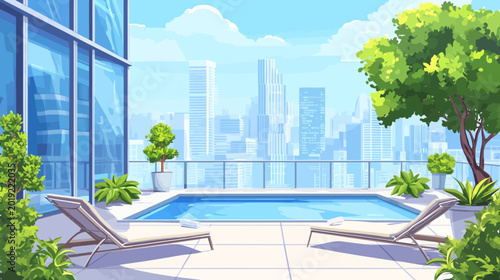 Pixelated artwork of a rooftop with a pool, lounge chairs, and views of city skyscrapers