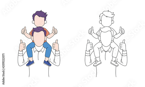Child superhero flexing muscles vector line illustration, confident pose