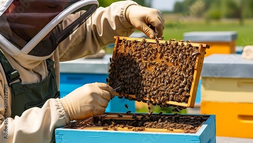 beekeeper inspecting honeycomb frame closely.