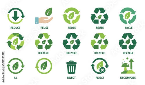 Tableau sur toile Eco recycle arrow flat icon set sustainability reduce reuse recycle vector illus