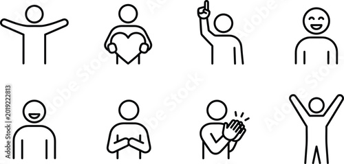 Human Emotions and Positive Gestures Icon Set Featuring Happy People Characters with Heart Love Symbols, Clapping Hands, Success Celebrations, and Welcoming Body Language