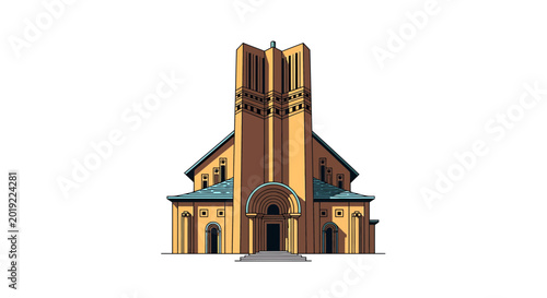 Modern cathedral architecture with prominent central tower and arches