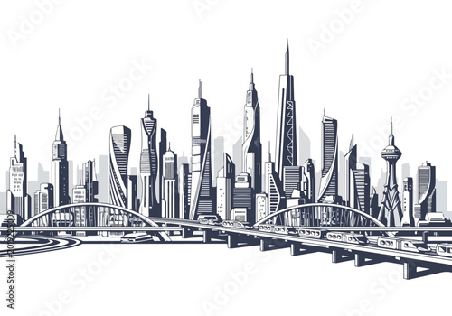 Monochromatic illustration of a futuristic city skyline with a bridge