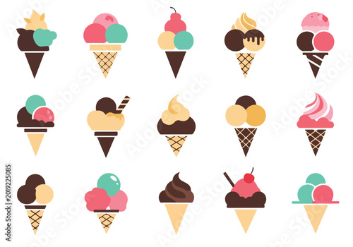 Colorful assorted ice cream cones with various flavors and toppings