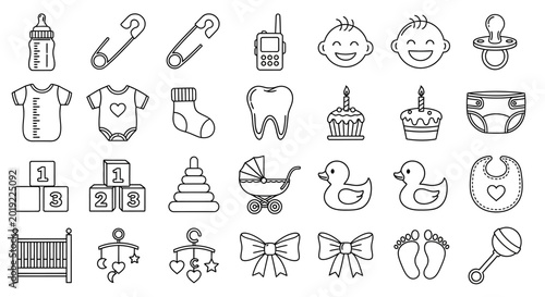 Foto Baby, newborn, infancy, icons set, 30 black and white line illustrations, baby s