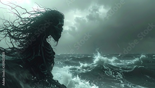 A dark-haired figure stands amidst turbulent, stormy seas under a cloudy sky