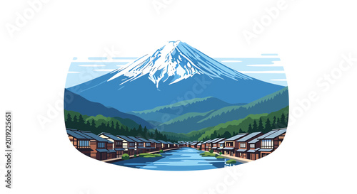 Majestic snow capped mountain over traditional village and river