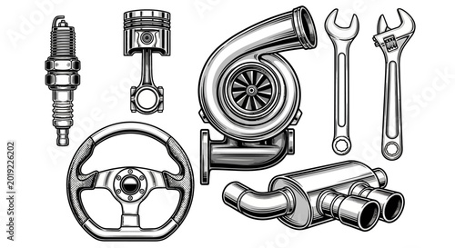 Tablou pe pânză Car engine, turbocharger, steering wheel, spark plug, piston, wrench, exhaust pi