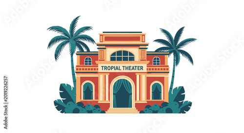 Tropical theater building architecture with palm trees and facade