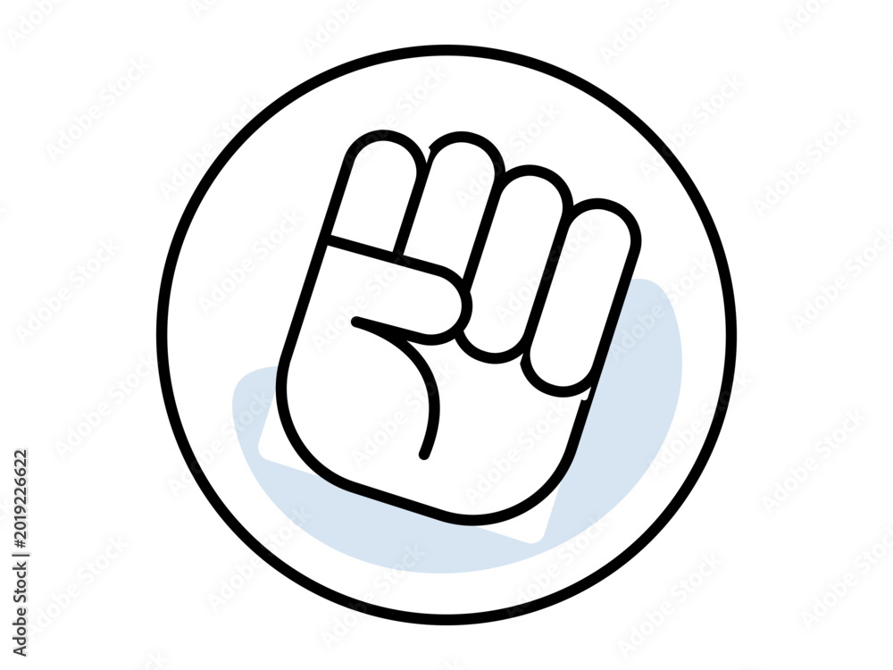 Fototapeta premium Clenched fist icon inside a circular frame with blue shadow vector illustration. Protest movement, social justice, human rights, strength, unity, revolution. Raised hand gesture symbol