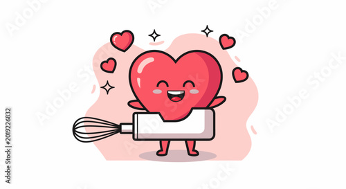 Anthropomorphic Heart Character Holding Whisk in Friendly Pose.