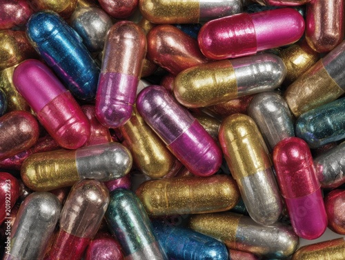 Colorful metallic medicine capsules in glittery finish close-up