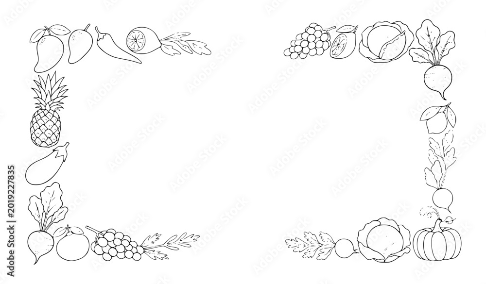 Fototapeta premium A vector graphic illustration of a fruit and vegetable border frame