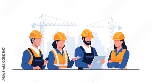Construction team in hard hats planning project at building site