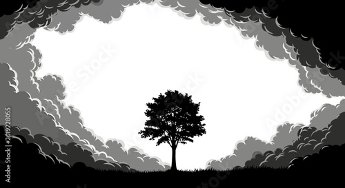 Lone tree silhouette framed by dramatic storm clouds