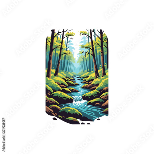 Forest stream flowing through lush green trees and mossy rocks