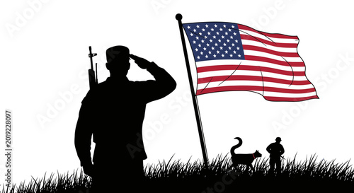 Soldier Saluting American Flag in Silhouette for Patriotic Holidays