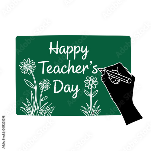 Hand writing Happy Teacher's Day message on a green chalkboard