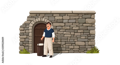 Man with mustache carrying a basket by a rustic stone archway