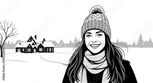 Smiling woman in beanie and scarf in snowy winter landscape