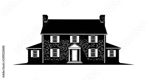 Classic Two Story Stone House with Shutters and Chimneys