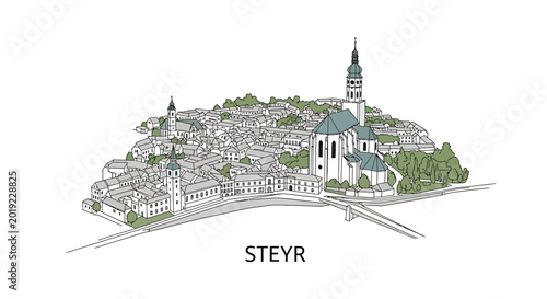 Historic skyline of Steyr Austria featuring town center and church