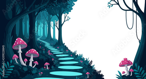 Enchanted Forest Path with Glowing Stepping Stones and Mushrooms