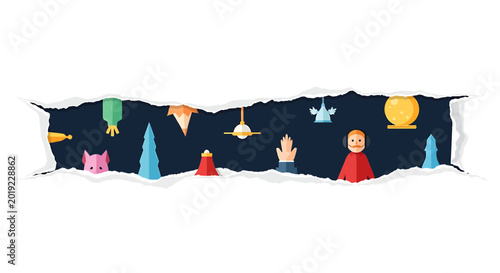 Colorful flat icons revealed through a horizontal paper tear